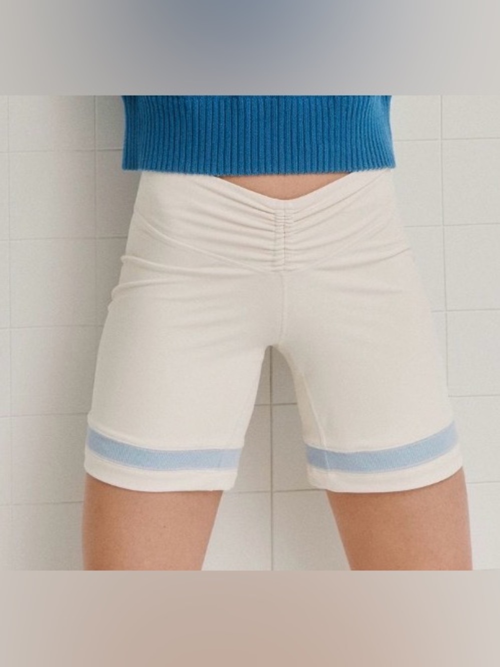 ANTHROPOLOGIE Daily Practice  Ribbed V-Waist Biker Shorts with Blue Stripe